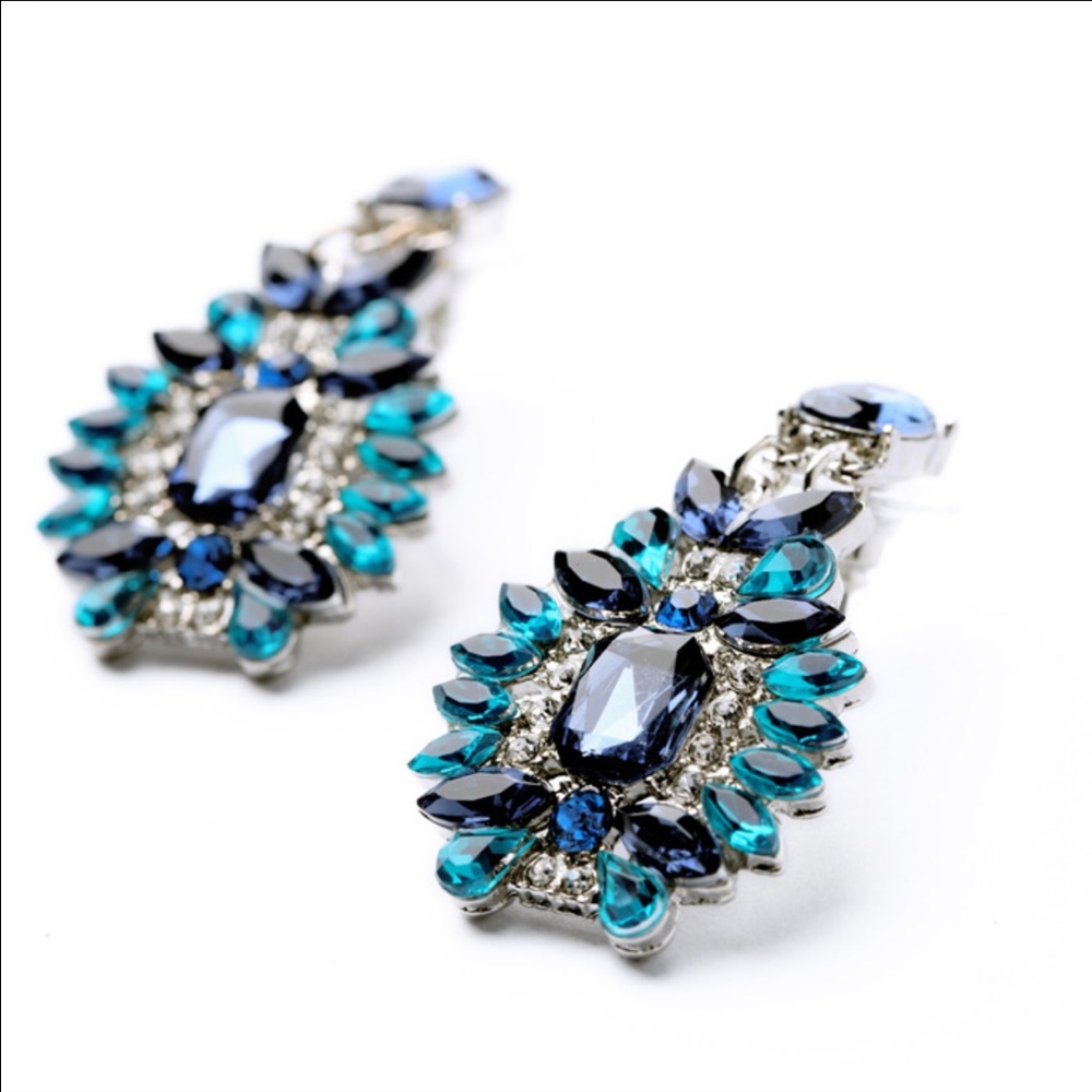 Blue Crystal Drop Earrings - Elegant Teal & Navy Statement